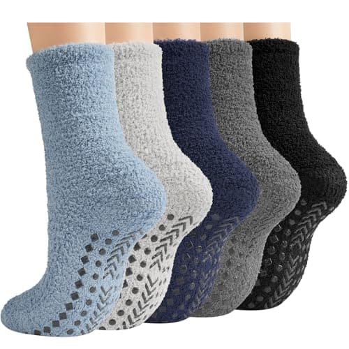 Toes Home Fuzzy Socks Men with Grips, Winter Fluffy Slipper Socks Hospital Cozy Warm Non-slip Thick 5 Pairs