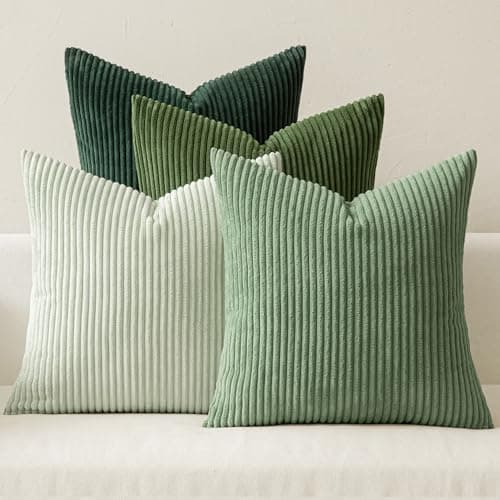 MIULEE Pack of 4 Green Corduroy Decorative Throw Pillow Covers 18x18 Inch Soft Boho Striped Pillow Covers Modern Farmhouse Home Decor for Spring Winter Sofa Living Room Couch Bed