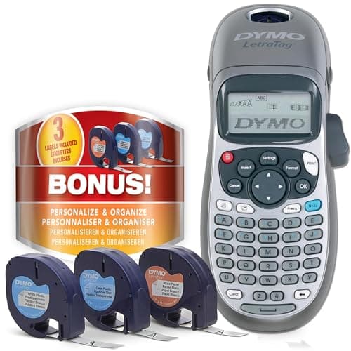 Best Label Maker Machines with Case #1 from DYMO DYMO Label Maker Machine with Tape - 100H LetraTag Handheld, Comes with 3 LT label tapes. Great for Home & Office Organization