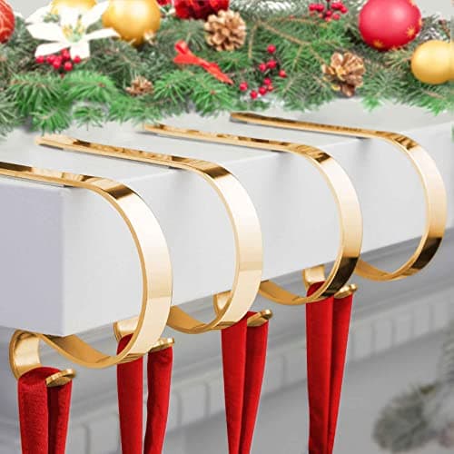 Christmas Stocking Holder,4 Pack Stocking Holders for Mantle,Non-Slip Stocking Holders for Christmas Decorations,Lightweight Stocking Hangers for Mantel Fireplace with Adjustable Design,Gold