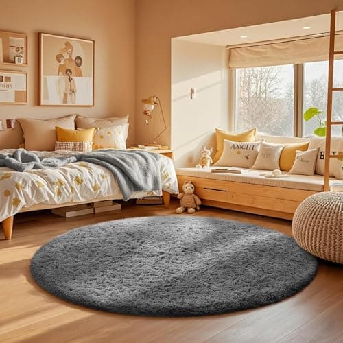 Ophanie Round Rug 4Ft Grey Circle Area Rugs, Fluffy Fuzzy Small Bedroom Carpet 4 Foot, Plush Shag Floor Gray Living Room Christmas Circular Aesthetic Decor for Kids Teen Boys Baby, Nursery, Classroom