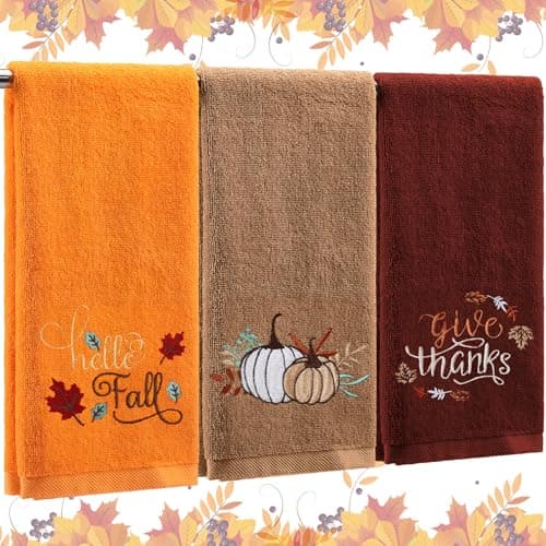 Fanfanwin 3 Pcs Thanksgiving Hand Towels for Bathroom 13.8 x 29.5 Inch Fall Decorative Bath Towels Sets 100% Cotton Embroidered Pumpkin Autumn Maple Bathroom Decor(Orange and Brown,Pumpkin)