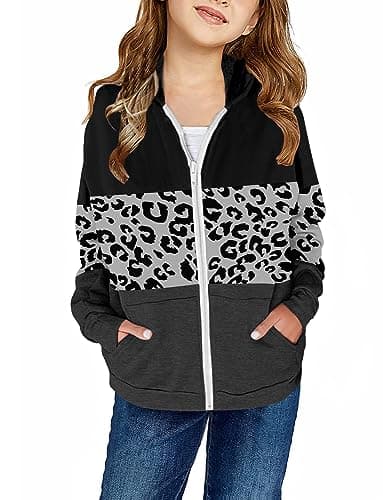 storeofbaby Girls Hoodie Jacket Leopard Full Zip Sweatshirt with Kangaroo Pocket