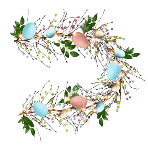 NEROSUN 6 FT Easter Egg Garland, 20 LED Battery Operated Lighted Garland with 8 Modes, Artificial Easter Garland for Indoor Outdoor Home Fireplace Party Door Decoration