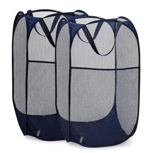 Handy Laundry Collapsible Mesh Pop Up Hamper with Wide Opening and Side Pocket – Breathable, Sturdy, Foldable, and Space-Saving Design for Clothes and Storage. (Blue | 2-Pack)