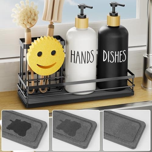 Moforoco Kitchen Dish Soap Dispenser Set, 16OZ Glass Bottle, Hand and Dish Soap Dispenser Set, Instant Dry Tray, Non-Slip Silicone Pad, Brush Holder with Smiley Face Sponge Holder, Kitchen Decor