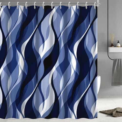 Ruelvth Navy Blue Shower Curtain, Modern Abstract Black and Blue Striped Shower Curtain Set for Bathroom Waterproof Shower Curtain with Hooks, 72x72 Inch