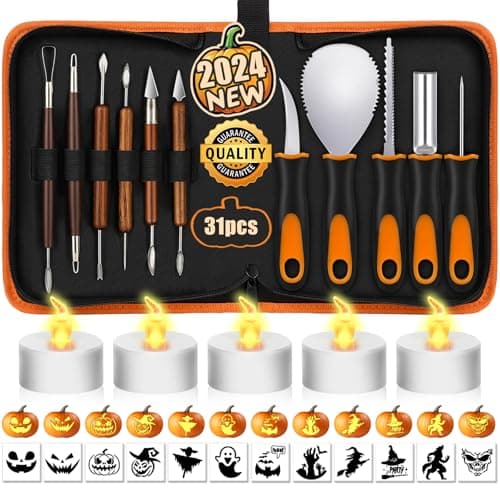 NESSTU Pumpkin Carving Kit with Stencils, 31 PCS Halloween Pumpkin Carving Tools, Professional Pumpkin Carving Set, Heavy Duty Stainless Steel Jack-O-Lanterns Pumpkin Carving Knife for Kids Adults