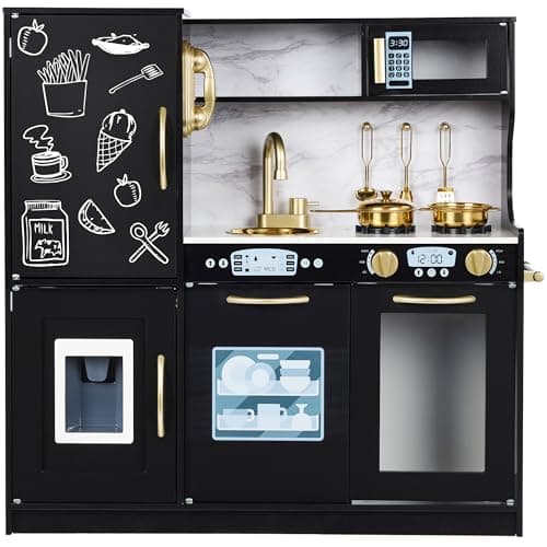 Best Choice Products Pretend Play Kitchen Wooden Toy Set for Kids w/Realistic Design, Telephone, Utensils, Oven, Microwave, Sink - Black