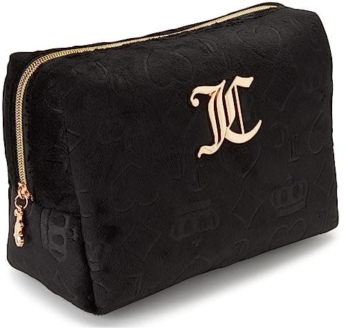 Juicy Couture Black Makeup Bag Cosmetics Organizer Travel Essentials Zip Top Wedge Velour Heart Crown