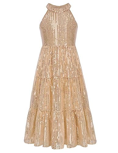 GRACE KARIN Girls Sequin Dress Girls Sleeveless Sequin Maxi Dress Gold 12Y