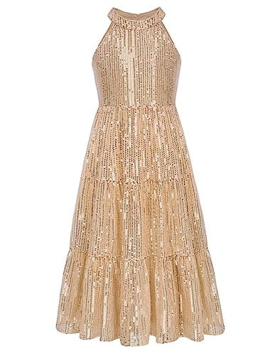 GRACE KARIN Girls Sequin Dress Girls Sleeveless Sequin Maxi Dress Gold 12Y