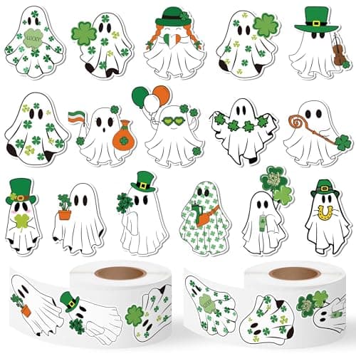 Best Halloween Stickers #5 from Eartim Eartim St Patrick's Day Ghost Sticker Rolls - 1000Pcs Cartoon Little Boo Book Lover Stickers Waterproof Self-Adhesive Decorative Decal for St Patrick's Day Party Gift Kid Birthday Favor Student Reward