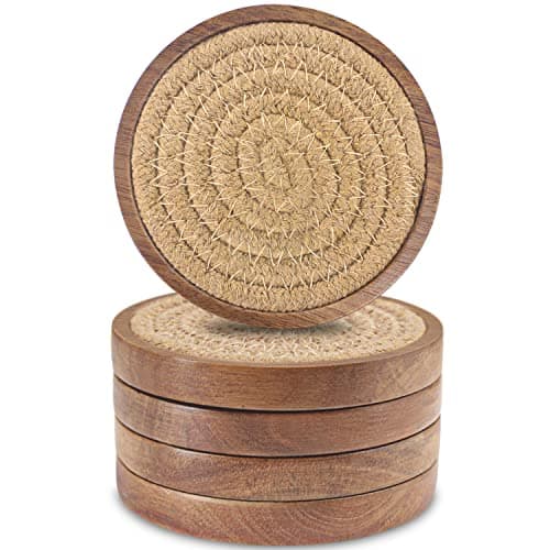 Eykao Wood Coasters for Drinks, Absorbent Coaster Sets of 5, Woven Drink Coasters for Coffee Table, Housewarming Gift for Farmhouse Home Decor,4 inches