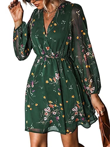 CUPSHE Women's Mini Dress Floral Print V Neck Long Peasant Sleeves Chiffon A-Line Flowy Short Dress Green, M