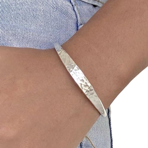 Hammered Sterling Silver Handmade Cuff Bracelet, Minimalist Simple Shiny Silver 1/4 inch Wide, 6 1/2 long, Thick and Solid, Gift for Her