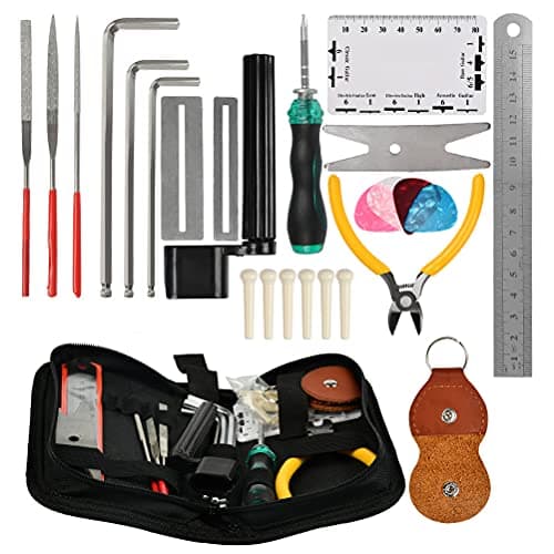 TIMESETL Guitar Repairing Tool Kit with Wire Plier, String Organizer, Fingerboard Protector, Hex Wrenches, Files, String Action Ruler, Spanner Wrench, Bridge Pins for Guitar Ukulele Bass Mandol
