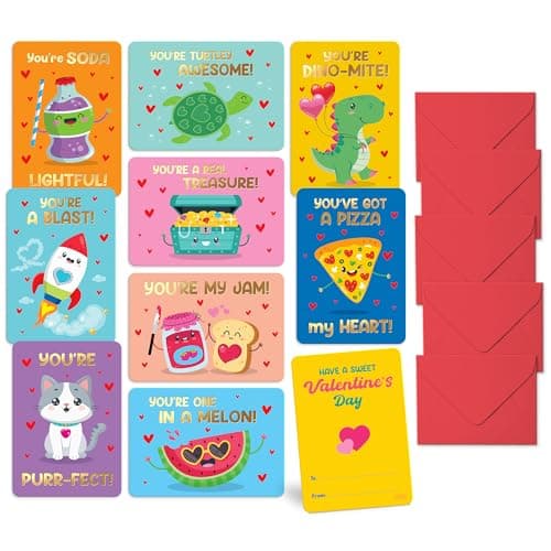 Sweetzer & Orange S&O 36 Funny Valentines Cards for Kids Classroom - School Valentines with Envelopes for Kids - Cartoon Notes with Stickers - Double Sided Cards for Boys & Girls - 3.5" x5”