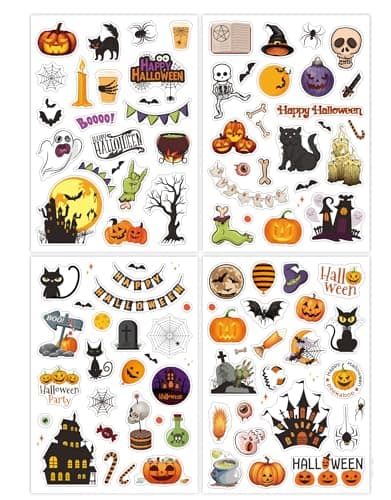 90pcs Sparkly Holographic Halloween Adhesive Stickers 4 Sheets Pumpkin Theme Stickers Vinyl Waterproof Diary Treat Bags, Goodie Bags Halloween Holiday Party Favors (Halloween 4 Sheets)