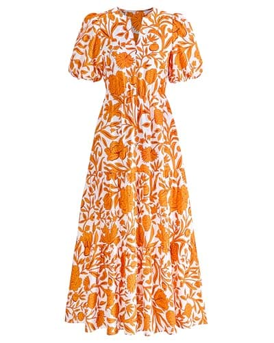 dowerme Womens Summer Dresses 2025 Casual Puff Short Sleeve V Neck Floral Boho Tiered Ruffle Maxi Dress with Pockets(White Orange Yellow,Medium)