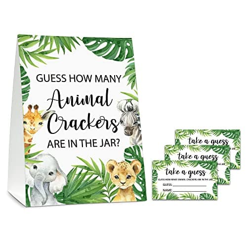 Guess How Many Animal Crackers Baby shower Game, Jungle Animal, Safari Theme Baby Shower Game - 1 Standing sign And 50 Cards For Gender Neutral Baby Shower-LK-D05