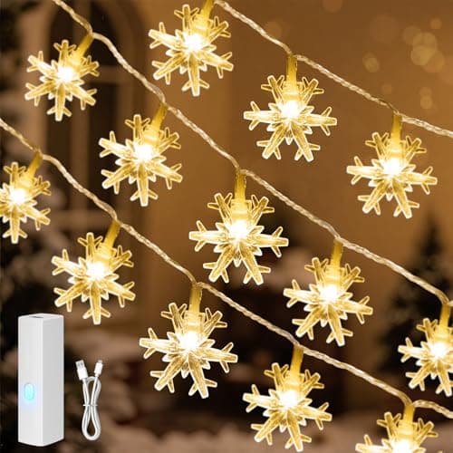 Lakumu 20FT 40 LED Snowflake Christmas Mini Twinkle Lights, Rechargeable Battery Operated, 8 Modes & Timer for Bedroom Patio Xmas Tree, Warm White