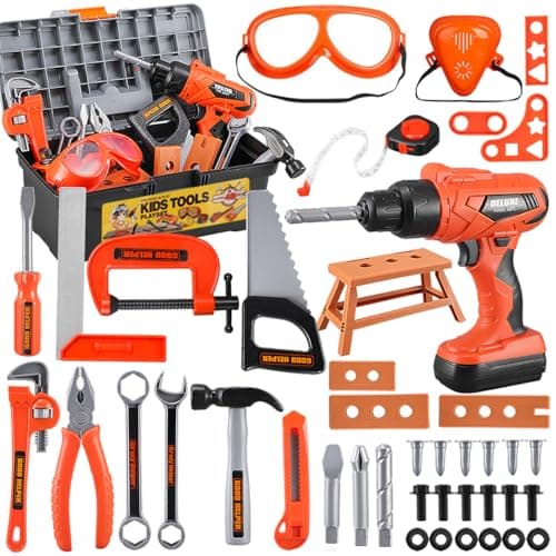 Kids Tool Set – Zealous 48 pcs Toddler Tool Set with Tool Box & Electronic Toy Drill, Pretend Play Kids Toys, Toy Construction Tools for Kids Ages 3,4,5,6,7,8 Years Old (A-Orange)