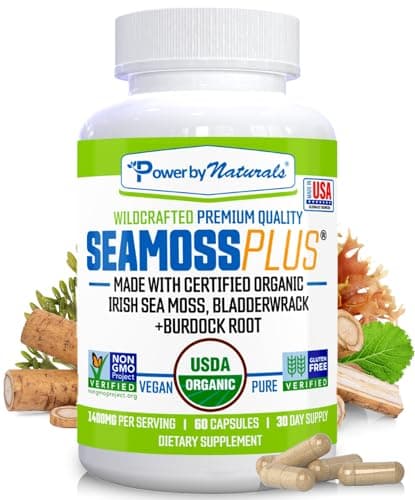 Power By Naturals Sea Moss Plus - USDA Certified Organic Irish Sea Moss Capsules w/Wild Harvested Irish Seamoss, Bladderwrack & Burdock Root Immunity Supplement Sea Moss Pills for Adult 60Ct - 1 Pack