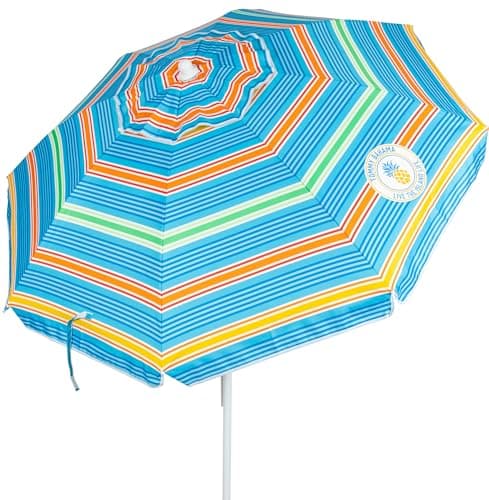 Tommy Bahama 6' UPF 50+ Tilt Beach Umbrella with Integrated Sand Anchor, Wind Vent, and Carry Bag, Multi Stripe