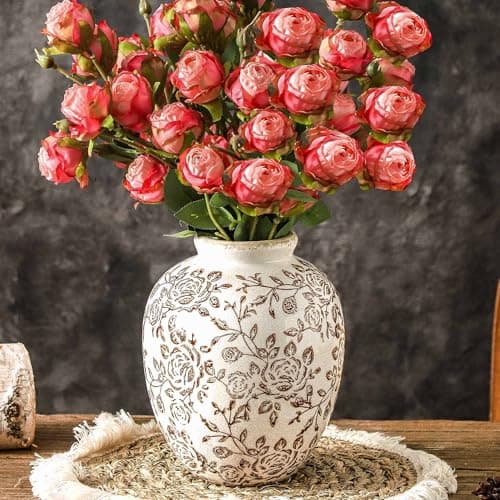 Ceramic Vintage Vase, Flower Decorative Vase Chinoiserie Decor Rustic Farmhouse Retro Floral Vases for Table Bookshelf Mantel Kitchen Living Room Office - 7.8inch Brown
