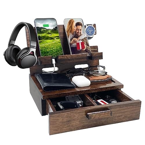 VEIYAILU Gifts for Men Women Husband Son Boyfriend Him Nightstand Organizer Wood Phone Docking Station(Walnut)