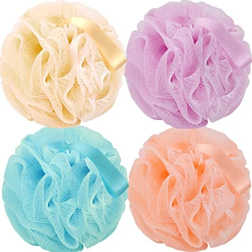 FARMOGA Bath Loofah Sponge Body Scrubber Shower Sponge Exfoliating Mesh Pouf Shower Ball Bath Sponges for Women and Men Bathing Accessories (4Pack 50G Colorful)