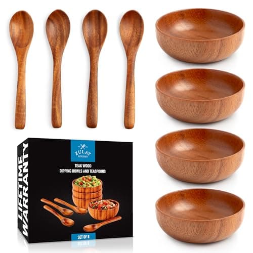 Zulay Kitchen Teak Wood Dipping Bowls with Spoons Set – 8 Piece Wooden Serving Set with 4 Mini Bowls and 4 Small Spoons, Handcrafted Natural Teak Wood, Durable & Smooth Finish