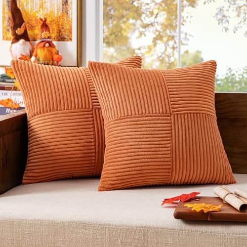 MIULEE Orange Corduroy Pillow Covers Pack of 2 Boho Decorative Spliced Throw Pillows Soft Cross Patchwork Textured Cushion Covers Home Decor for Couch Living Room Bed Sofa 18x18 inch