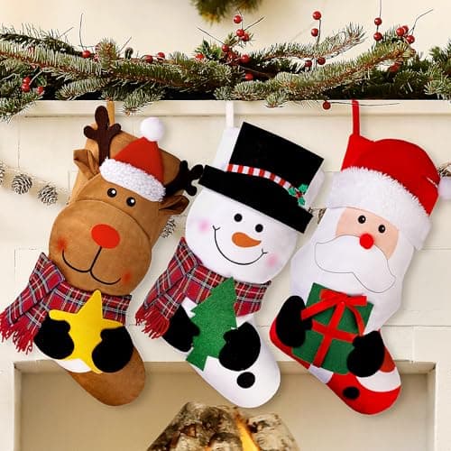 EverMerry Christmas Stockings, 3 PCS 18 Inches Classic Personalized Stockings for Fireplace Xmas Decoration, Large Santa, Snowman, Reindeer Stockings for Holiday Christmas Party