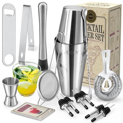 Perjoy Cocktail Shaker Set, 16 Piece Bartender Kit, Cocktail Shaker, Stainless Steel Bar Set Accessories, Coktail Set, Boston Shaker, Drink Mixer Shaker, Bartending Bar Tools with Muddler Spoon Jigger