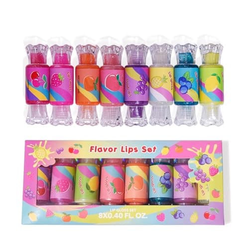 Mebtmel Cute Lip Gloss for Kids, 8PCS Glitter Girls Lip Gloss Set with Shape of Candy, Assorted Flavors Hydrating Lip Balm Party Favor Make-up for Girls and Teens Ages 8-12