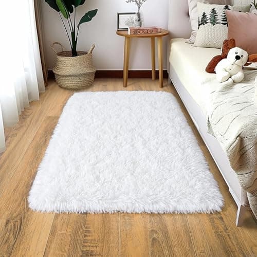 Shaggy Rugs for Bedroom Living Room Dorm Kids Room Decor, Soft Modern Indoor Fluffy Shag Area Rug, Non-Slip Fuzzy Floor Carpet 2x3 Feet, Cute Small Rectangle Plush Rug, White