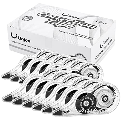 Unjoo Whiteout Correction Tape, Easy To Use Applicator for Instant Corrections Correct Wrong Writing At Any Time, For school, Office (12pack, 5M/196" x 0.2", Black)