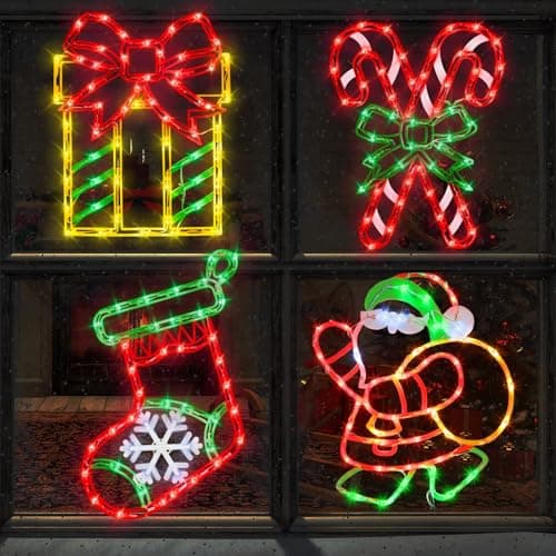 Pytopkto Christmas Decorations - 16" Christmas Window Silhouette Lights Decorations - 4 Pack Colour Lighted Santa ＆ Gift Box ＆ Candy Cane ＆ Christmas Stocking for Holiday Wall Door Window Decorate