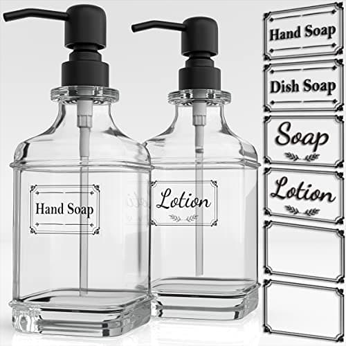 GLADPURE 2 Pack Soap Dispenser, 18 Oz Antique Design Thick Glass Hand Dispensers; with 304 Rust Proof Stainless Steel Pump, 6Pcs Clear Stickers, for Kitchen, Bathroom- Black