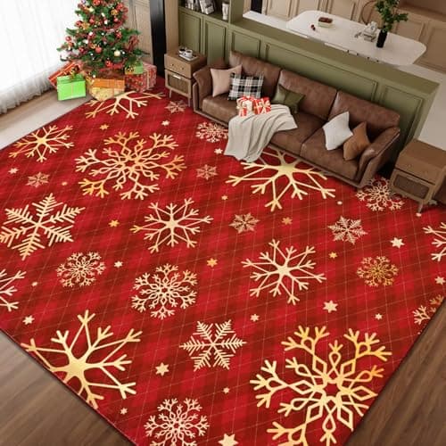 Likiyol Christmas Area Rug 8x10 Rugs for Living Room Soft Washable Bedroom Rug Non Slip Snowflake Xmas Throw Rugs Winter Checkered Christmas Carpet for Dining Room, Holiday Decor, Low Pile, Red Gold