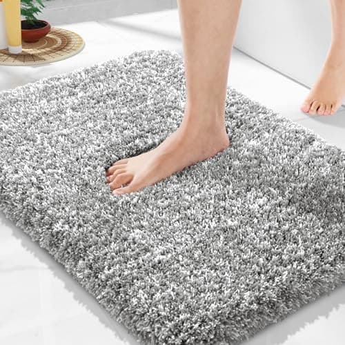 Yimobra Bathroom Rugs Non Slip Washable, Ultra Soft and Water Absorbent Bath Mats, Plush Fluffy Shower Mat Outside, Microfiber Thick Matts for Bathroom Floor/Sink, 24x17, Light Gray and White
