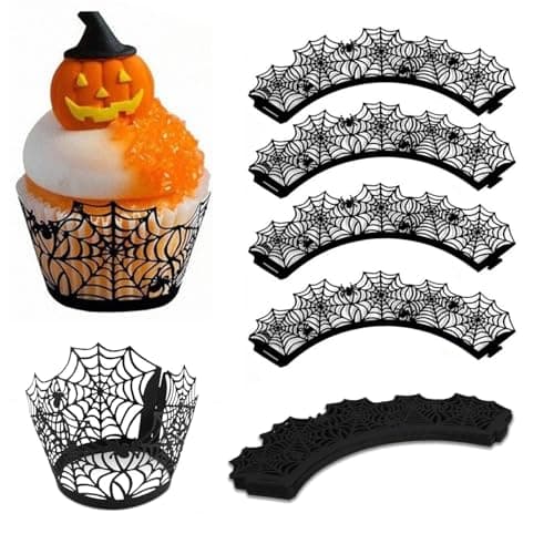36pcs Cupcake Wrappers – Black Spider Web Cupcake Holders, Spooky Cupcake Decorations for Dessert Table, Halloween Dessert Decorations and Cupcake Decor