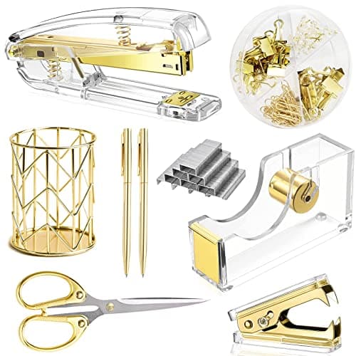Famassi Gold Desk Accessories，Office Supplies Set Acrylic Stapler Set Staple Remover, Tape/Pen Holder, 2 Ballpoint Pen, Scissor, Binder/Paper Clips and 1000pcs Staples.