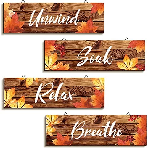 Blulu 4 Pieces Fall Bathroom Wall Decor Bathroom Wall Art Farmhouse Bathroom Wooden Decor Relax Soak Unwind Breathe Sign for Fall Thanksgiving Home Restroom Hotel Office(Brown)