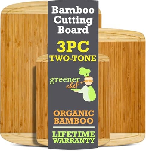 GREENER CHEF Organic Bamboo Cutting Board Set of 3 with Lifetime Replacements - Wood Cutting Board Set with Juice Groove - Wooden Chopping Board Set for Kitchen, Meat, Vegetables and Cheese