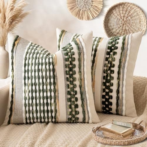 ANRODUO Pack of 2 Boho Decorative Throw Pillow Covers 18x18 Farmhouse Cushion Case Striped Chenille Pillow Cases Square Pillow Covers Accent Neutral Pillowcase for Sofa Couch Bed, Olive Green Stripe