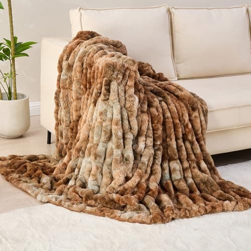 Softan Extra Soft Faux Fur Blanket, Warm Striped Faux Fur Throw Blanket with Flannel Fleece Reverse for Couch Sofa Bed Living Room, Brown- 60"x 80"