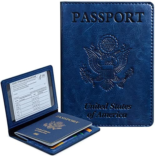 Passport Holder Cover Wallet Case RFID Blocking Leather Card Slot Travel Accessories Documents Organizer Protector for Women Men, Navy Blue